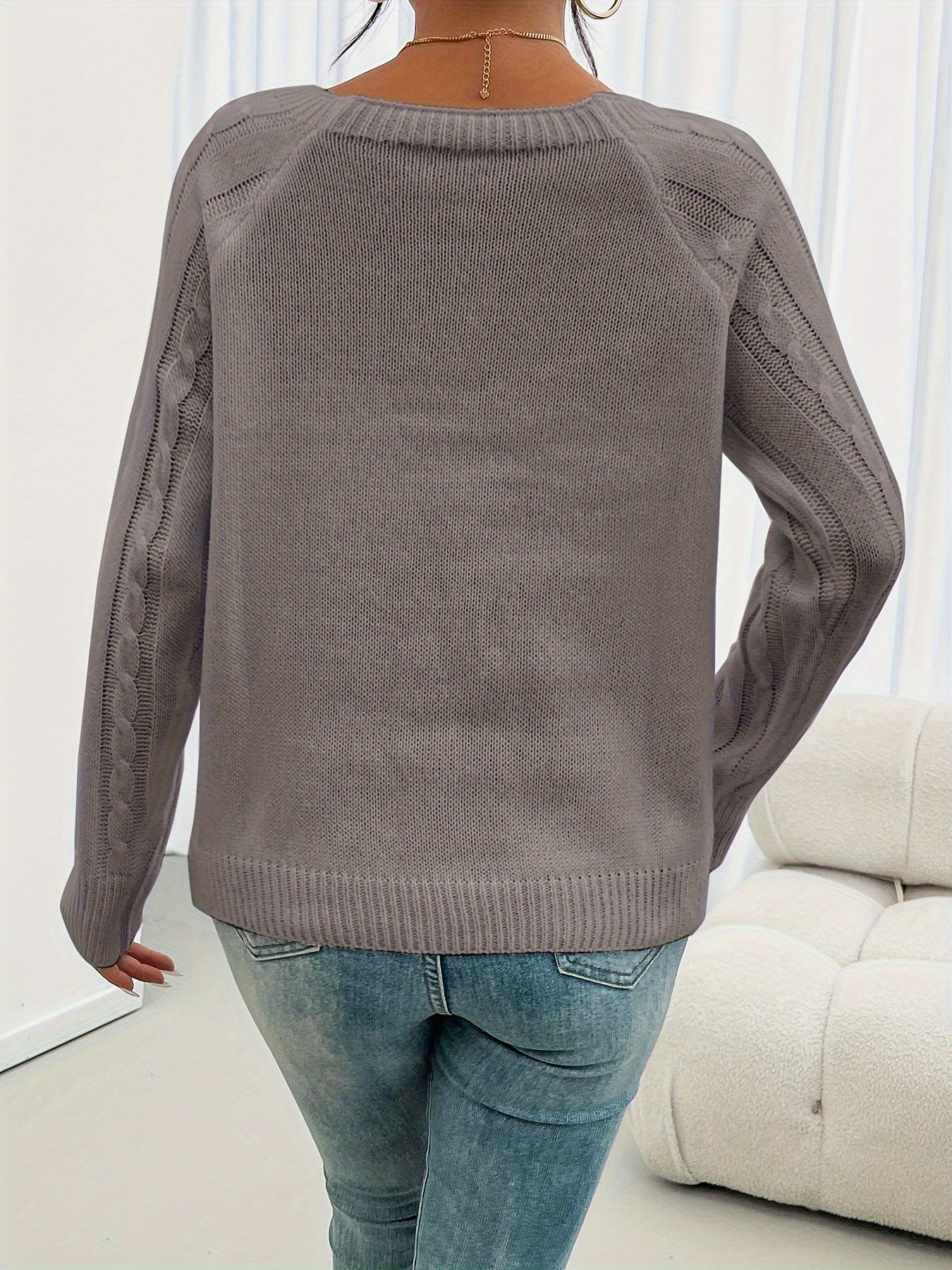 Olivine | Vrouwen Trui met lange mouwen en gebreide kabel - Casual Pullover Top met ronde hals