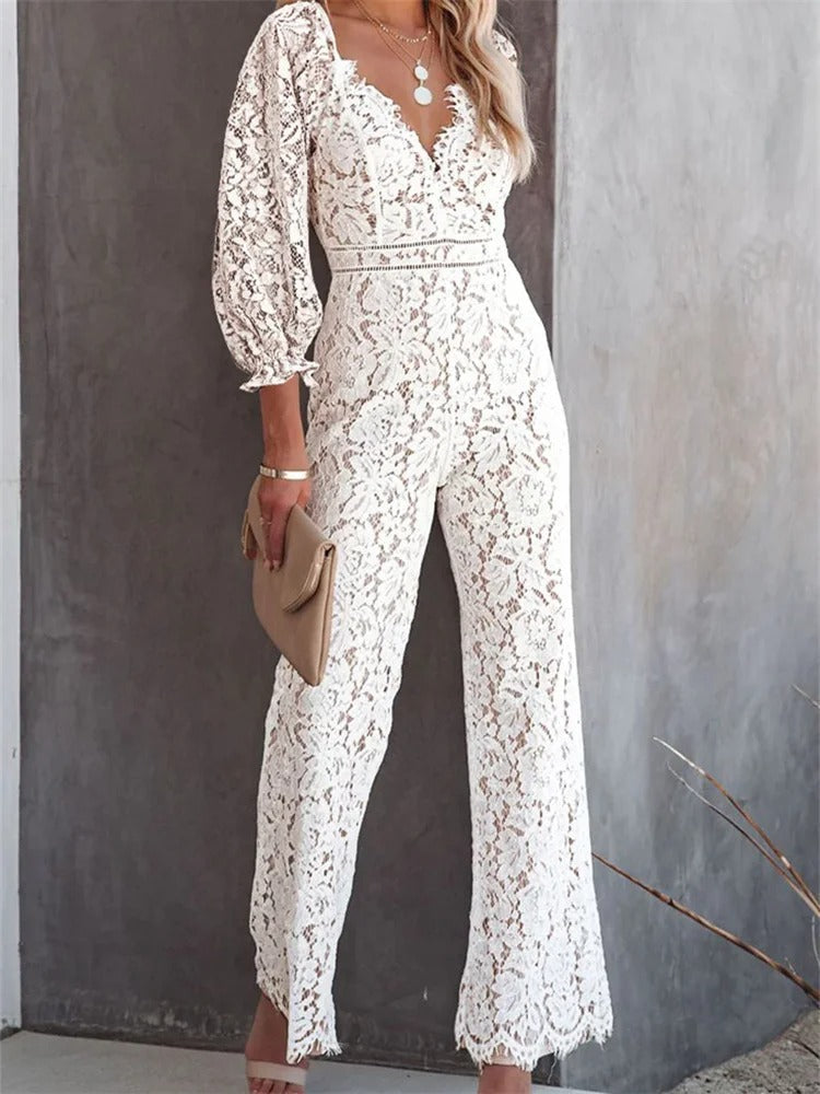 Jillian | Witte holle bloemenprint v-hals wijde broek jumpsuit