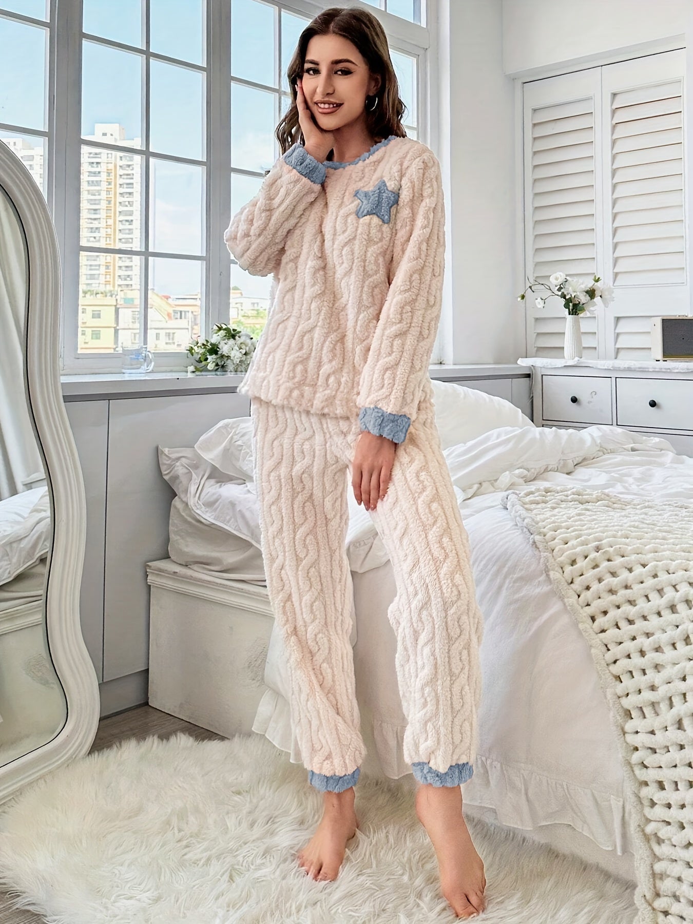 Aurelia | Dames Sterpatroon Jacquard Fleece Pyjama Set - Zachte Casual Lange Mouwen Top & Broek, Gezellige Relaxed Fit, Comfortabele Lounge Wear