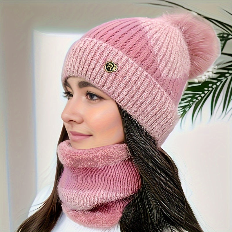 SoftWrap | Vrouwen Winter Knit Muts en Sjaal Set - Pom-Pom Beanie met fleece gevoerde nekwarmer