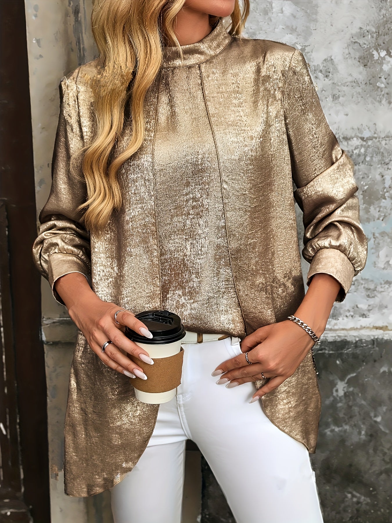 Emilija | Elegante metallic blouse met lange mouwen in A-lijn - Vrijetijdskleding & Formele kleding