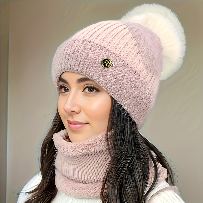 SoftWrap | Vrouwen Winter Knit Muts en Sjaal Set - Pom-Pom Beanie met fleece gevoerde nekwarmer