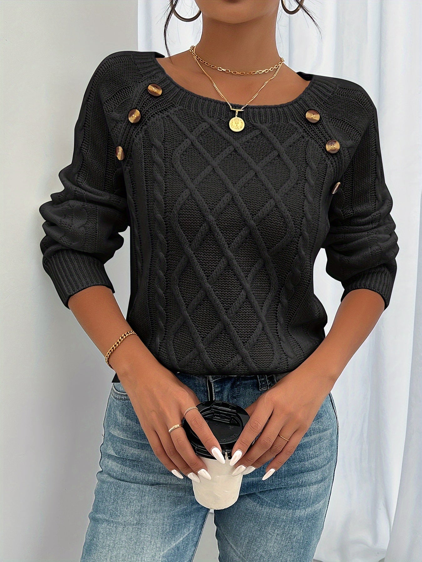 Olivine | Vrouwen Trui met lange mouwen en gebreide kabel - Casual Pullover Top met ronde hals