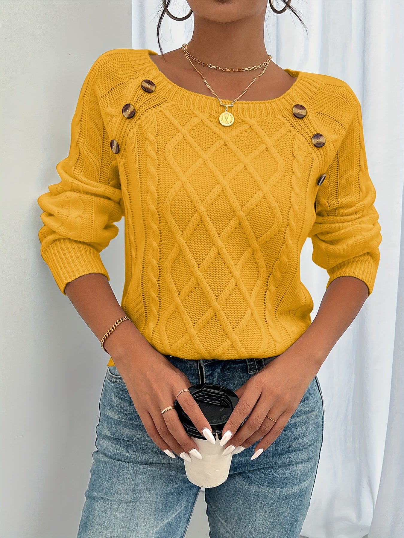 Olivine | Vrouwen Trui met lange mouwen en gebreide kabel - Casual Pullover Top met ronde hals