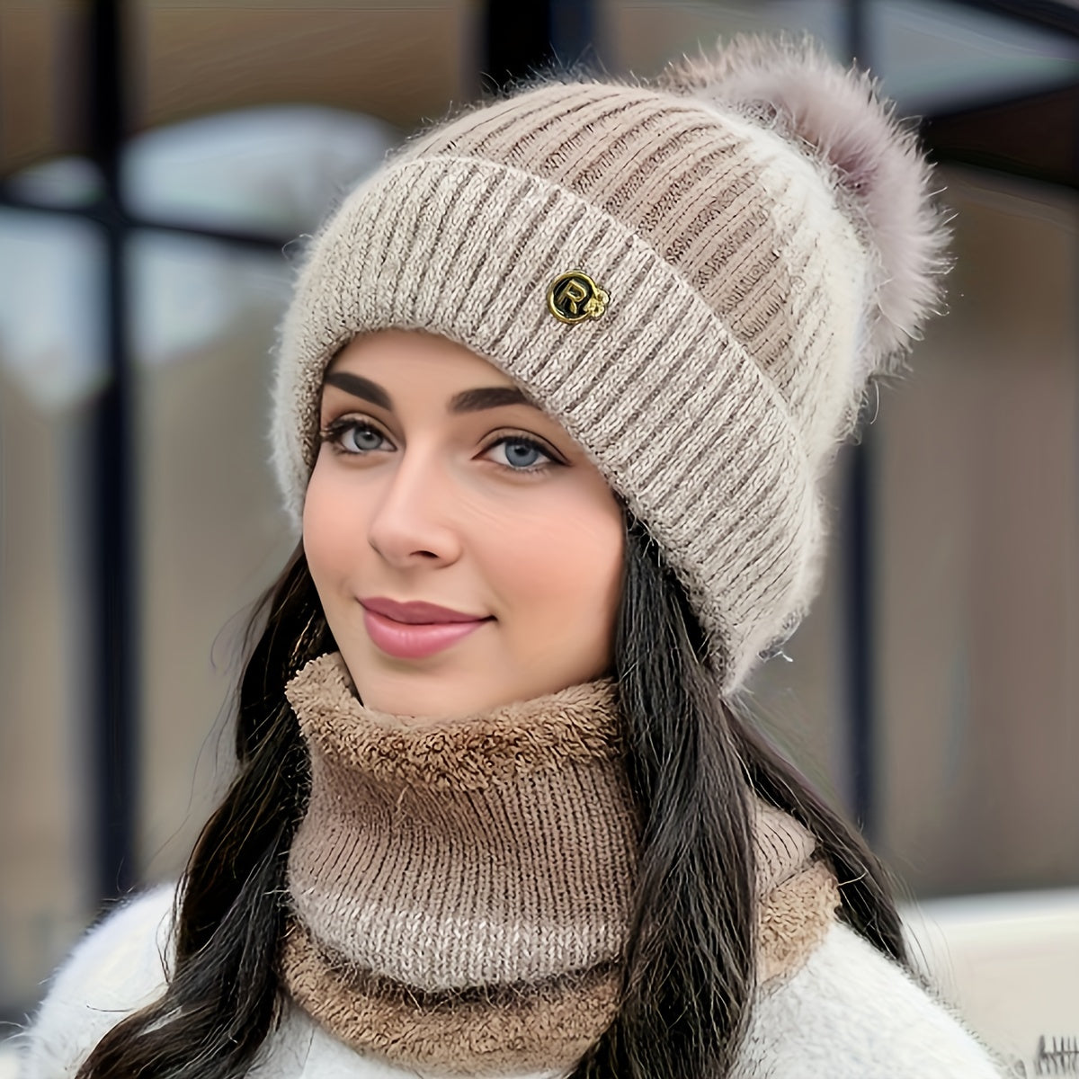 SoftWrap | Vrouwen Winter Knit Muts en Sjaal Set - Pom-Pom Beanie met fleece gevoerde nekwarmer