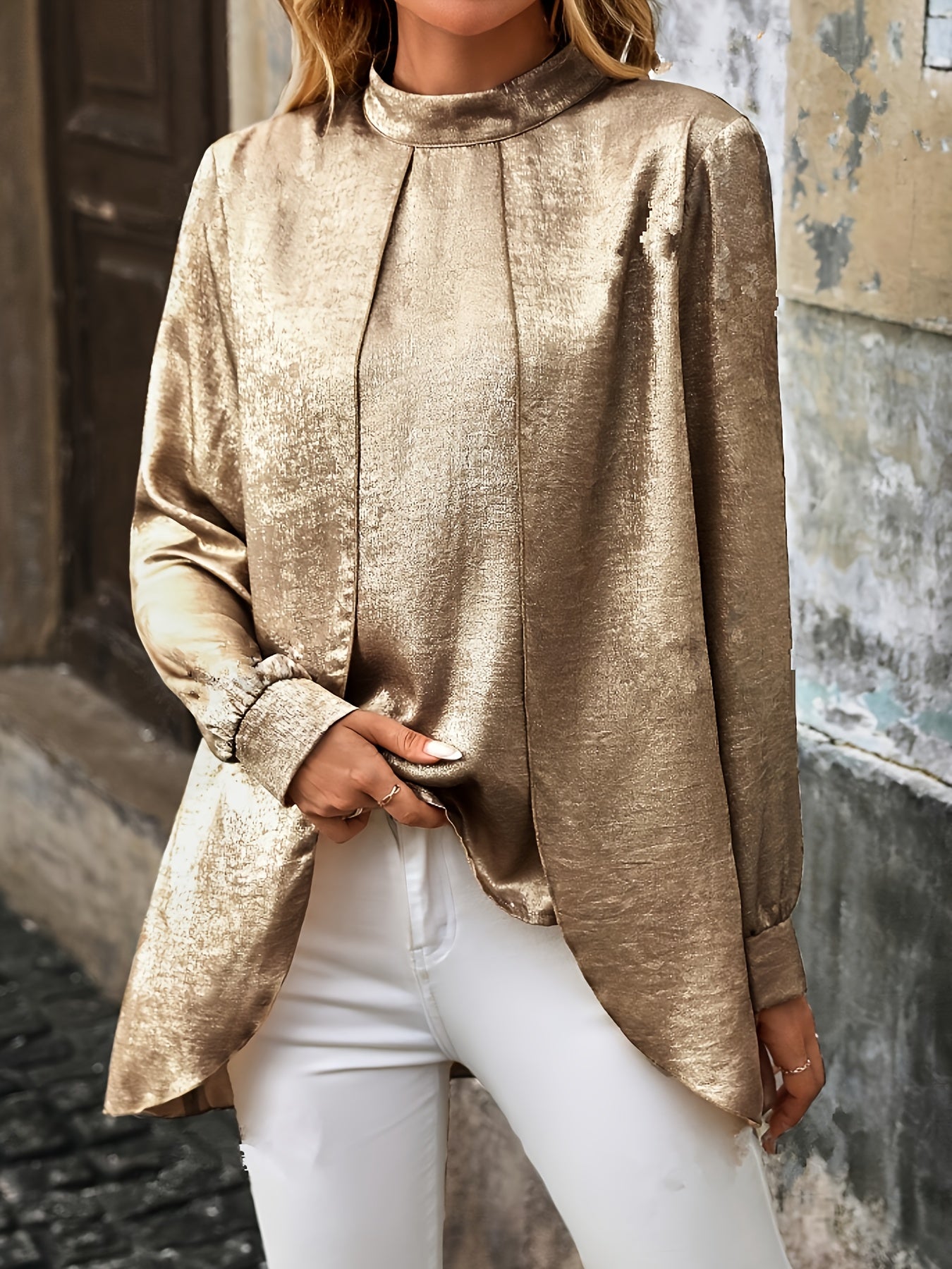 Emilija | Elegante metallic blouse met lange mouwen in A-lijn - Vrijetijdskleding & Formele kleding