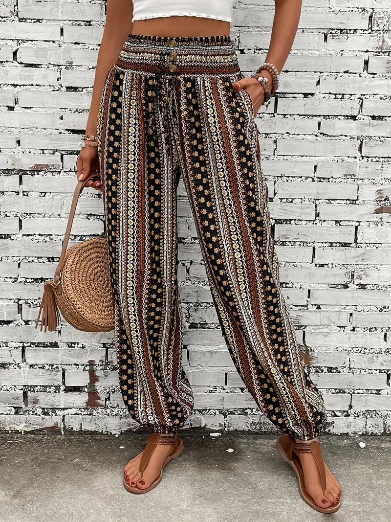 Boho-chique broek met gesmokte taille en etnische grafische print