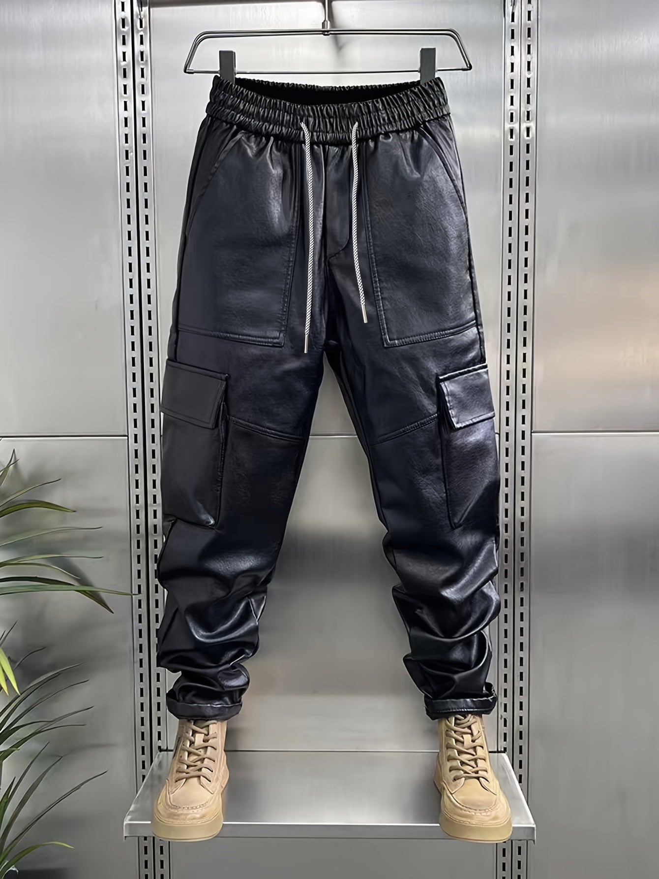 Lionel | Heren Casual PU Leren Cargo Jogger Broek - Elastische Taille, Grote Zakken, Losse Pasvorm, Biker Stijl