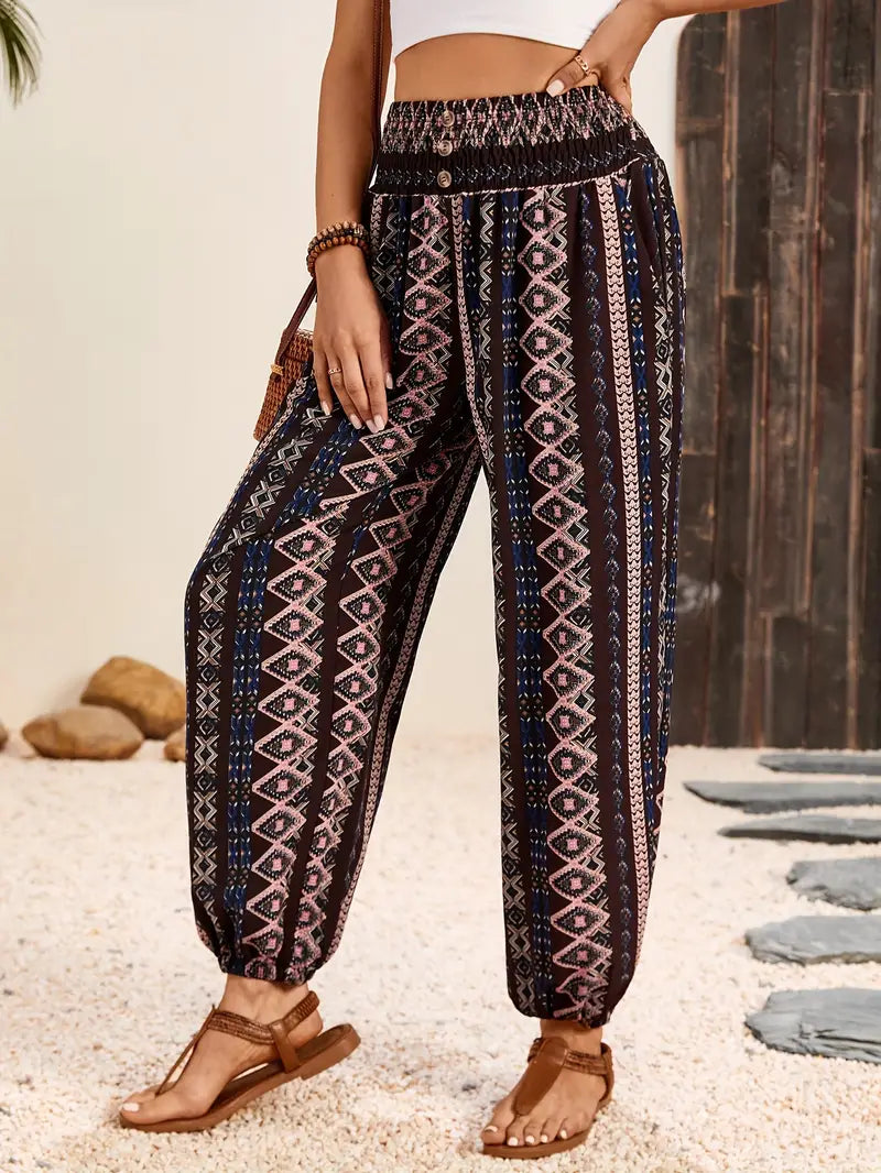 Boho-chique broek met gesmokte taille en etnische grafische print