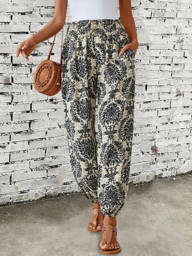 Boho-chique broek met gesmokte taille en etnische grafische print