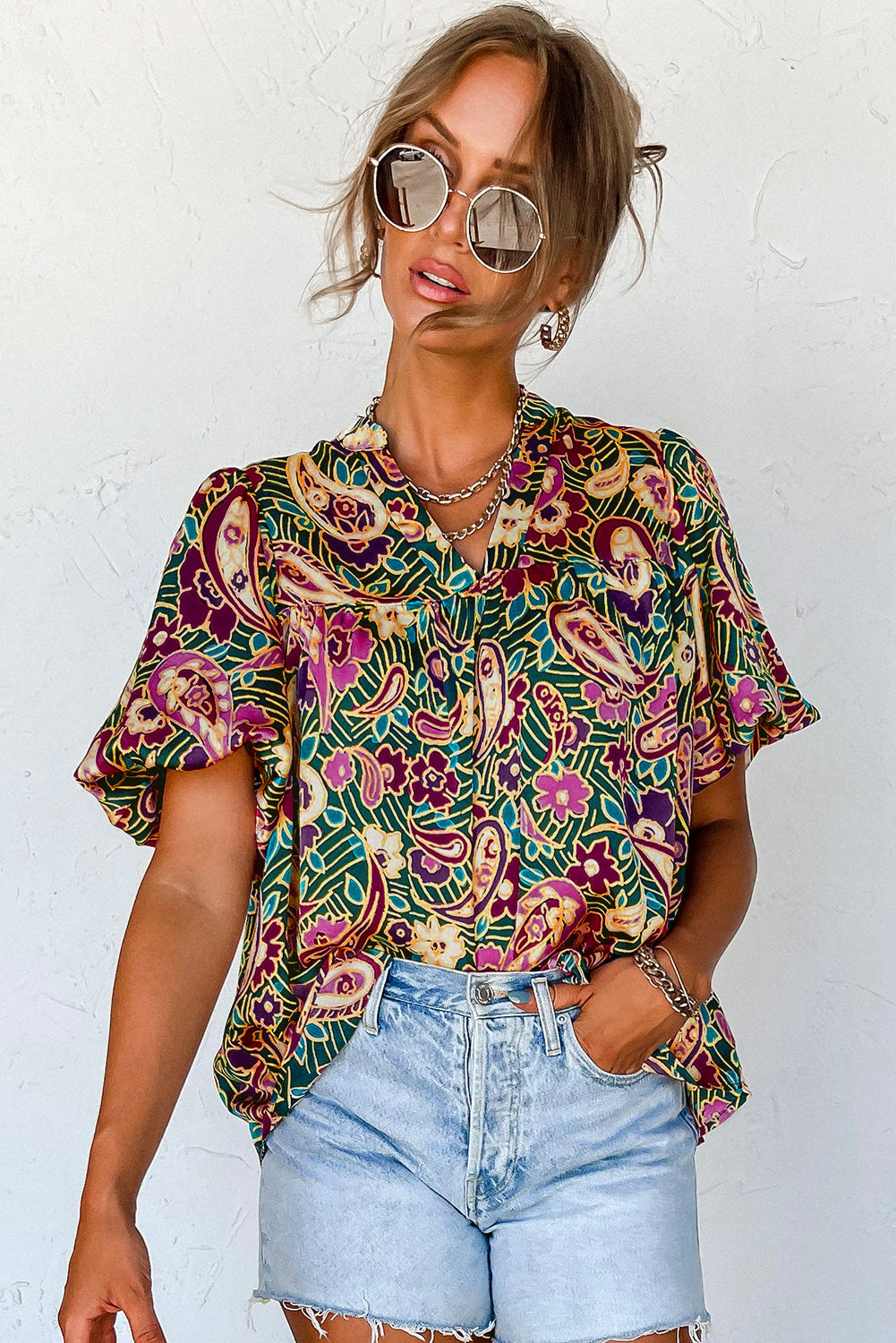 Romina | Korte bubbelmouw paisley blouse