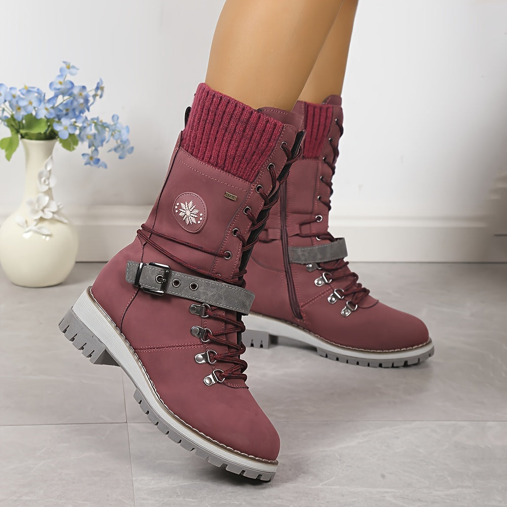 CozyStride | Thermische mid-calf dameslaarzen - Gebreide split met kant & zijrits Modieuze Outdoor Laarzen