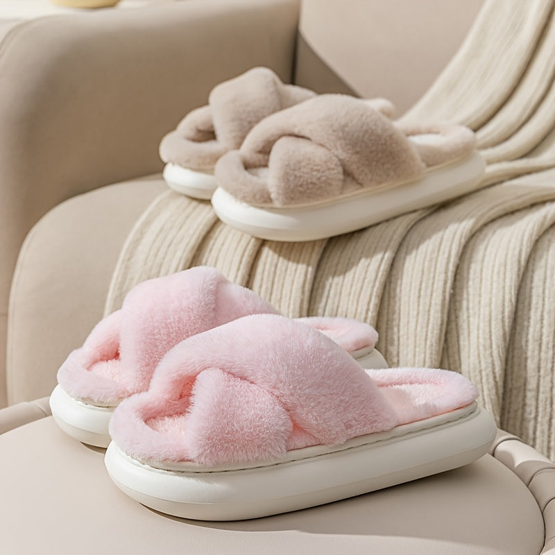 Tegan | Knusse fluffy pantoffels met kriskras band - Zacht pluche comfort, binnenschoenen