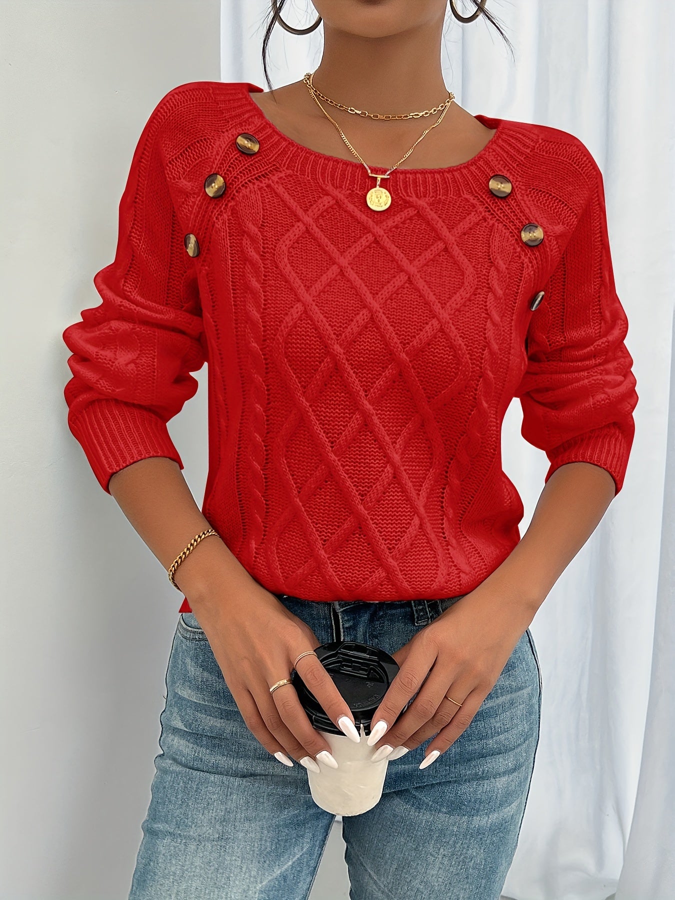 Olivine | Vrouwen Trui met lange mouwen en gebreide kabel - Casual Pullover Top met ronde hals