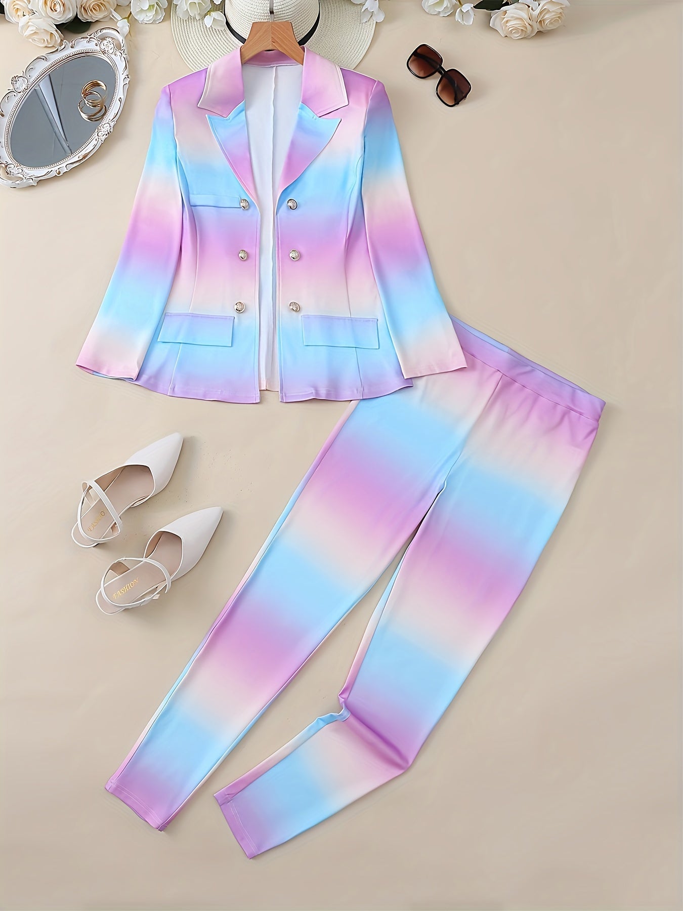 Celestielle | Elegant pastelkleurig tweedelig pak met kleurverloop - blazer en broek met rechte pijpen