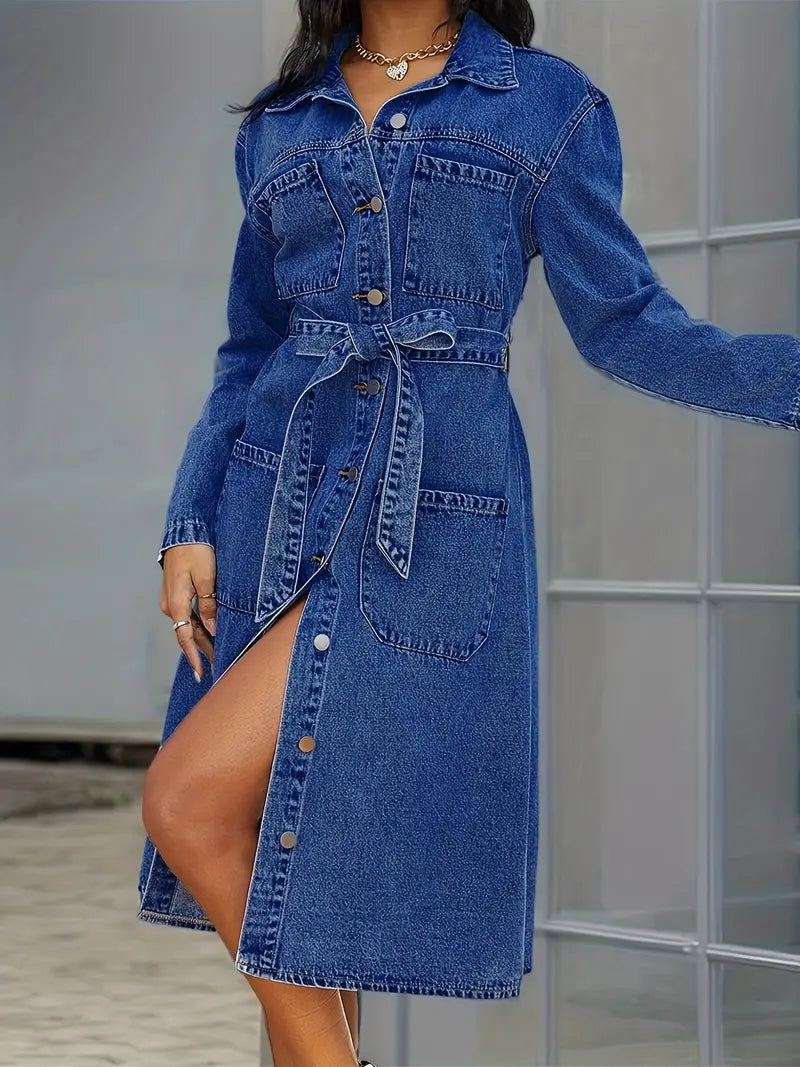 Blaues langärmeliges Denim-Kleid mit aufgesetzten Taschen