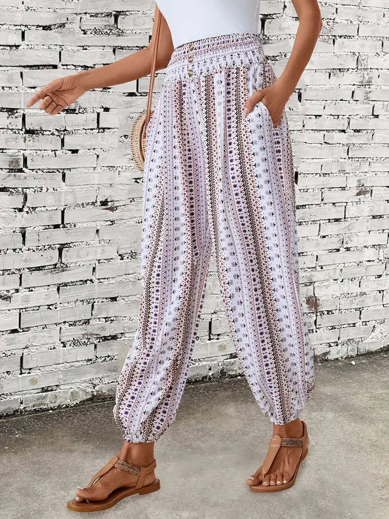 Boho-chique broek met gesmokte taille en etnische grafische print