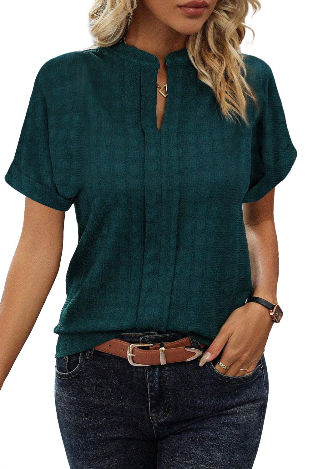 Trixie | Trendy Zeegroene Split Hals Blouse