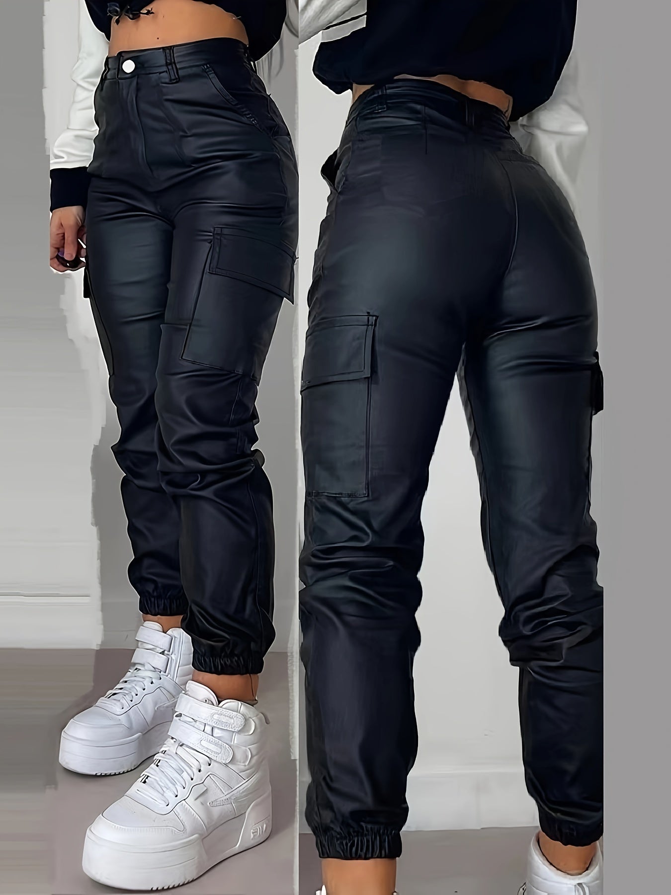 Iverine | Cargo Jogger Broek met hoge taille en gecoate zakken met flappen aan de zijkanten