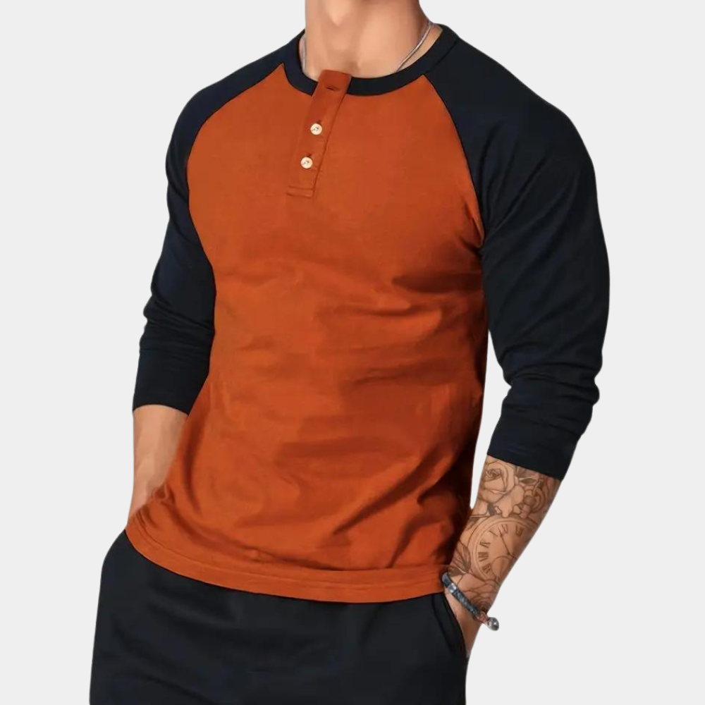 Viriato | Slim fit oranje zwart henley overhemd met lange mouwen