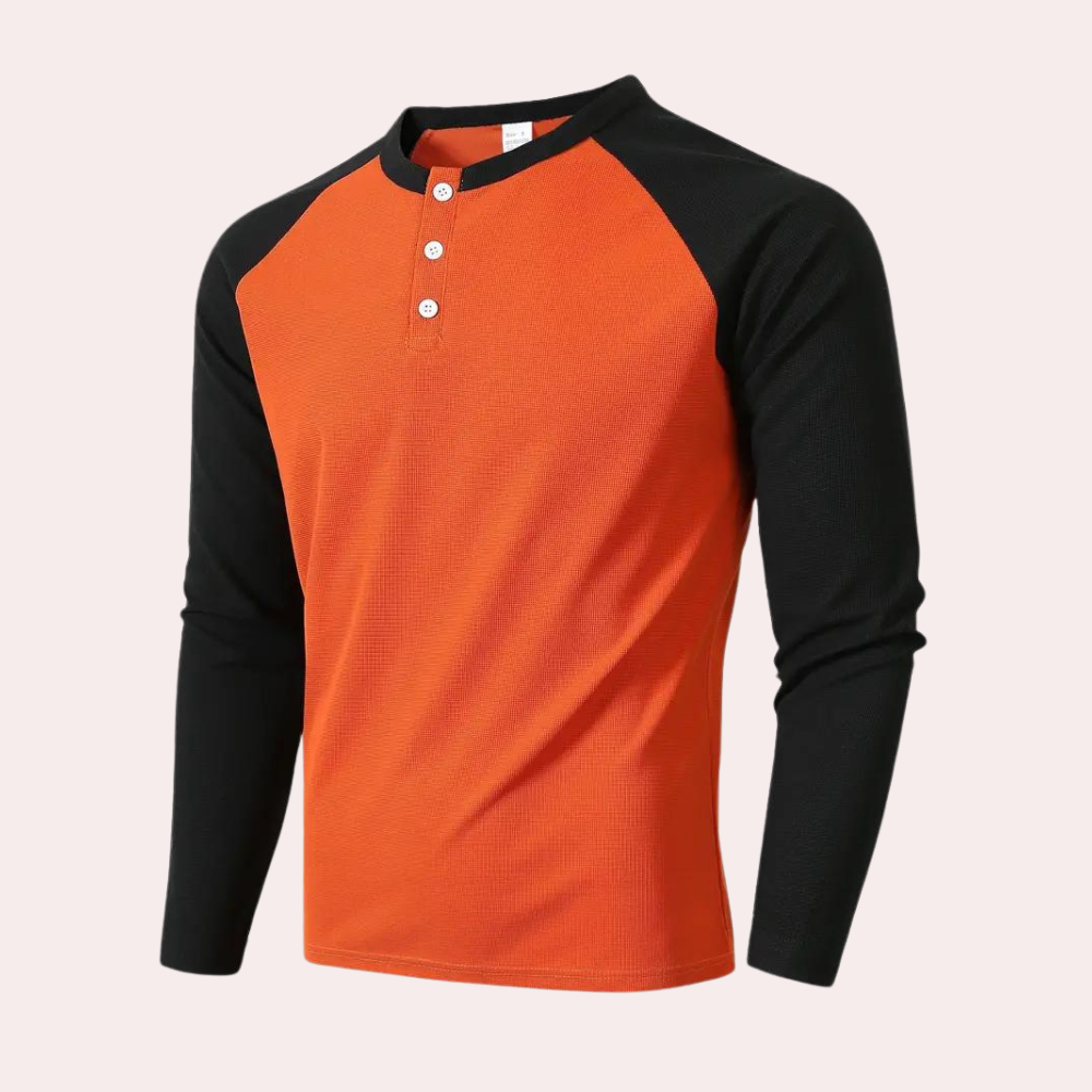 Viriato | Slim fit oranje zwart henley overhemd met lange mouwen