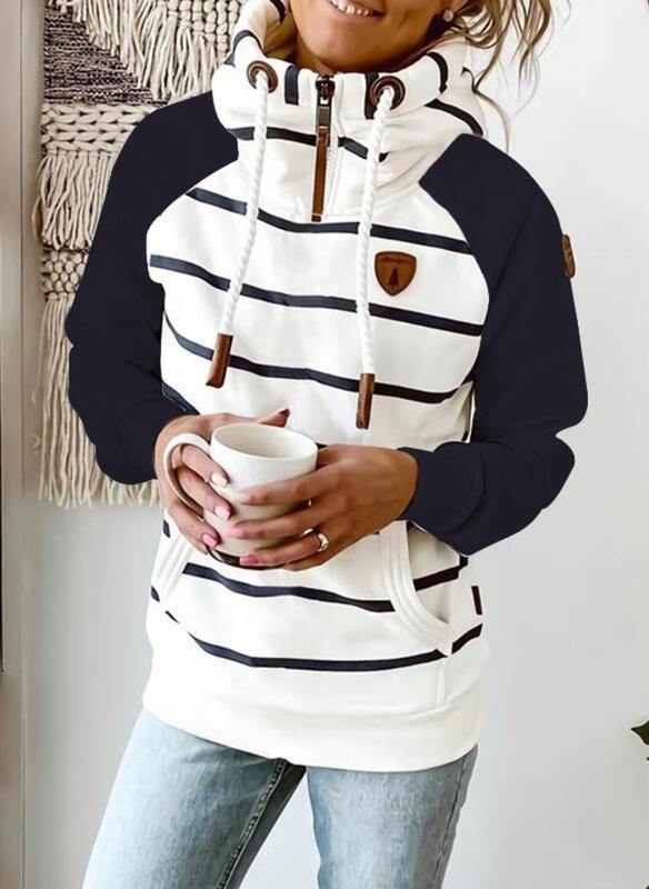 Odalis | Trendy striped zipped High neck winter hoodie with kangaroo pockets