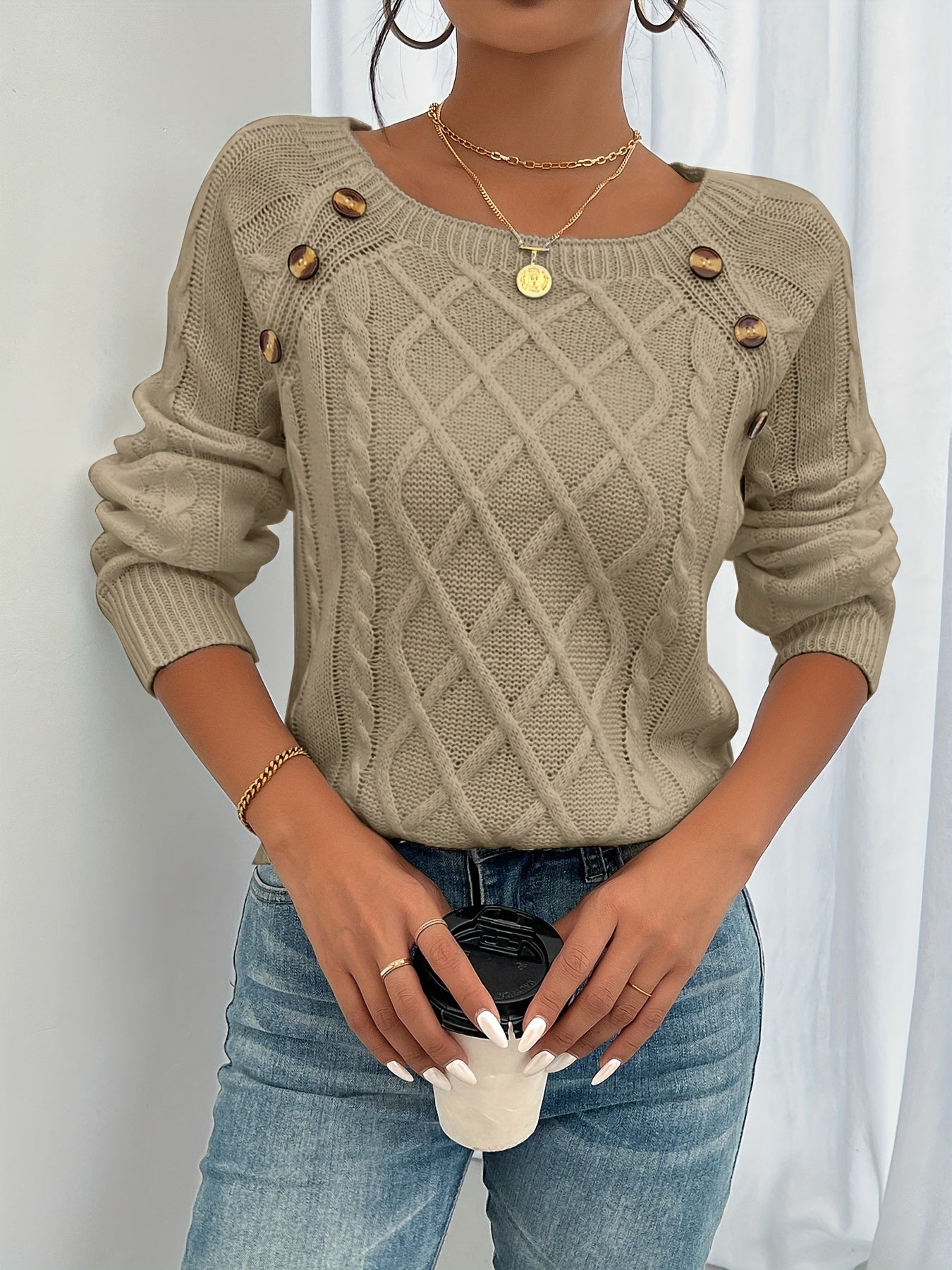 Olivine | Vrouwen Trui met lange mouwen en gebreide kabel - Casual Pullover Top met ronde hals