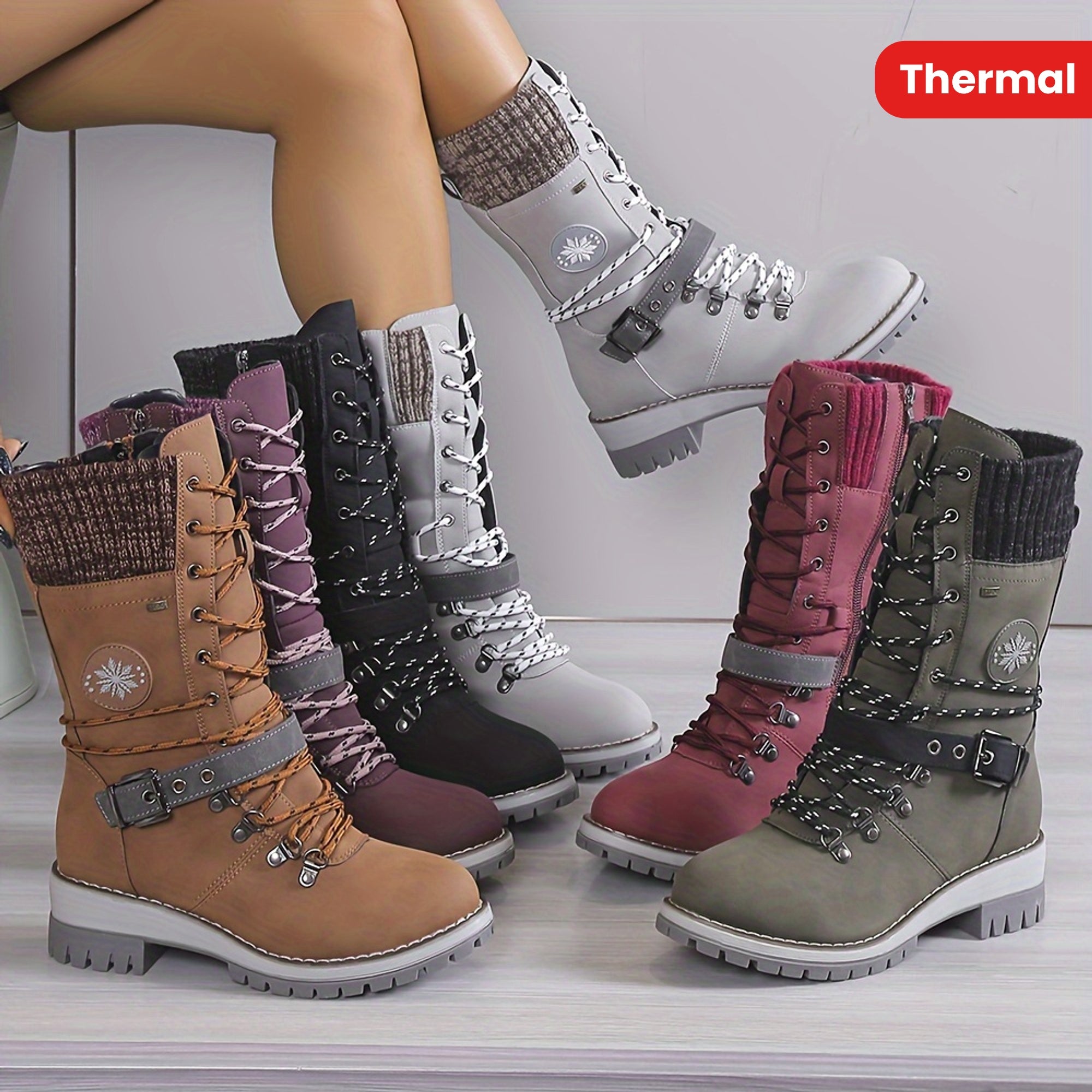 CozyStride | Thermische mid-calf dameslaarzen - Gebreide split met kant & zijrits Modieuze Outdoor Laarzen