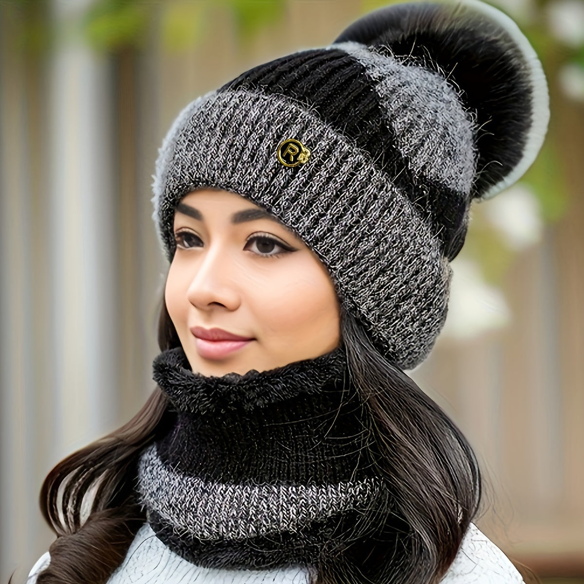 SoftWrap | Vrouwen Winter Knit Muts en Sjaal Set - Pom-Pom Beanie met fleece gevoerde nekwarmer