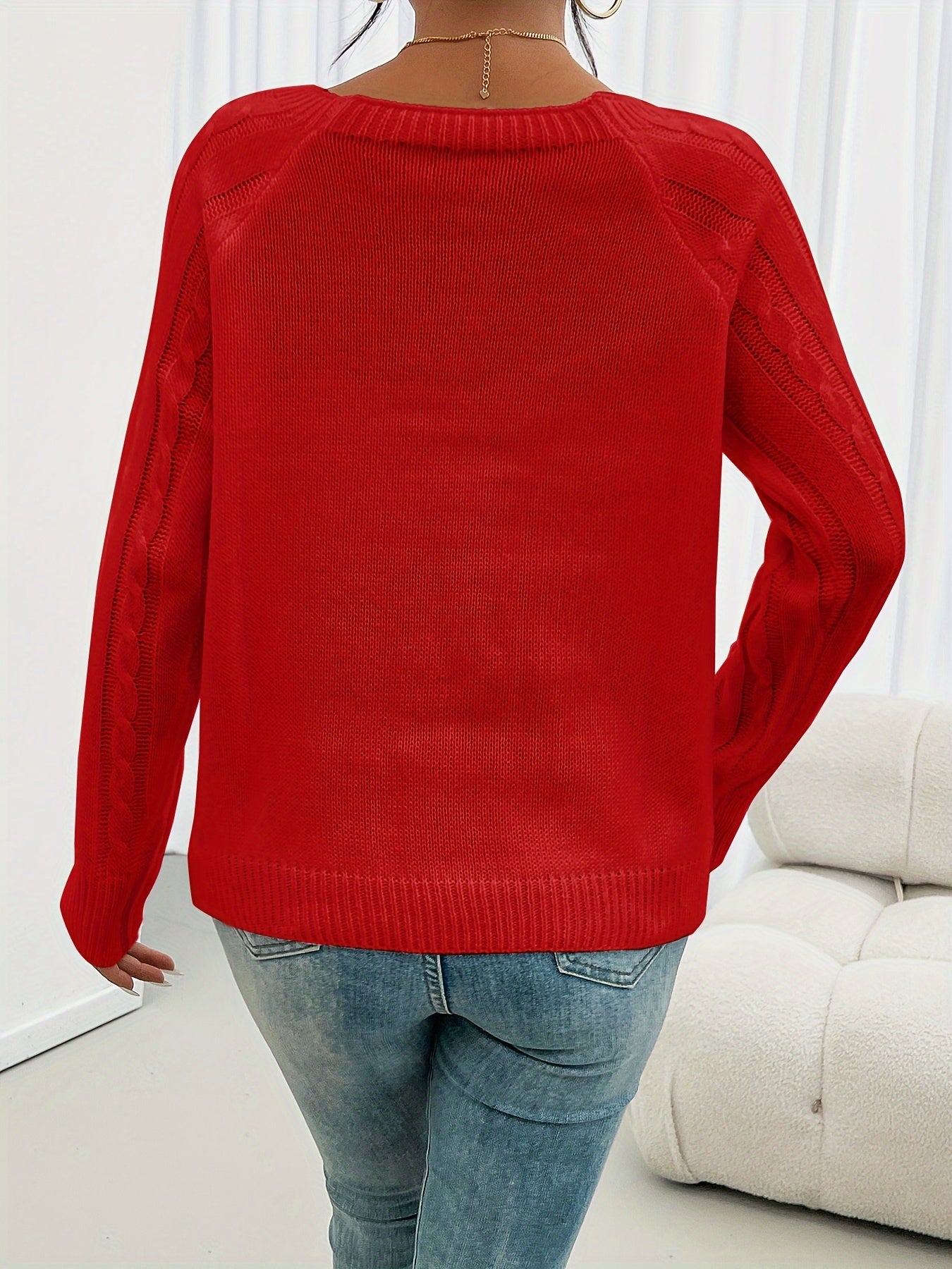 Olivine | Vrouwen Trui met lange mouwen en gebreide kabel - Casual Pullover Top met ronde hals