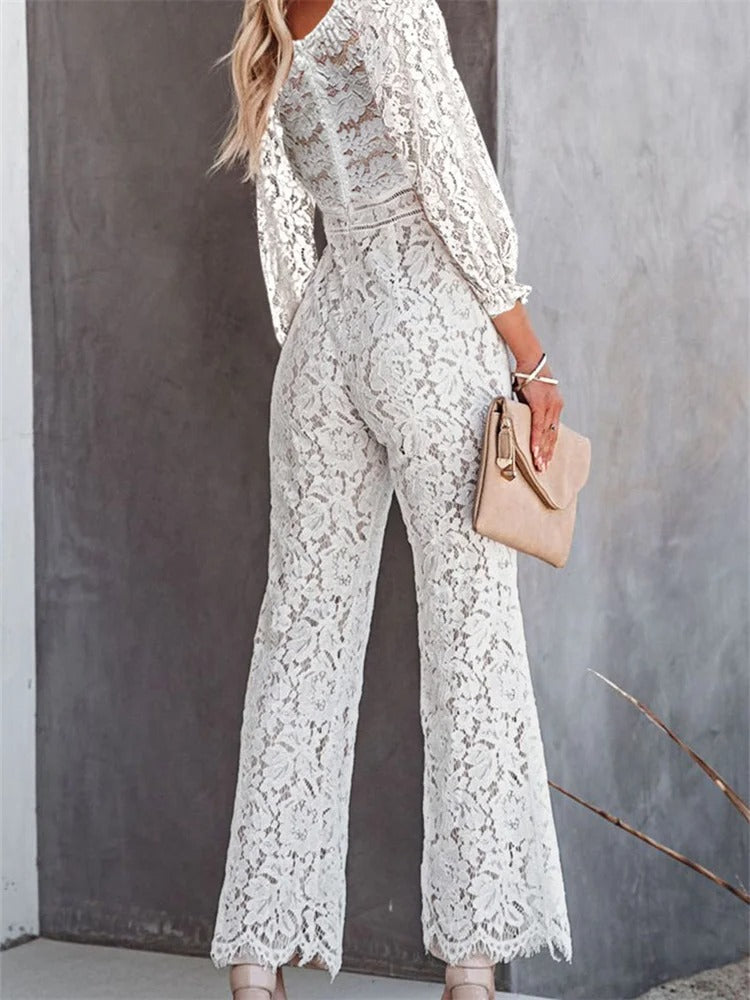 Jillian | Witte holle bloemenprint v-hals wijde broek jumpsuit