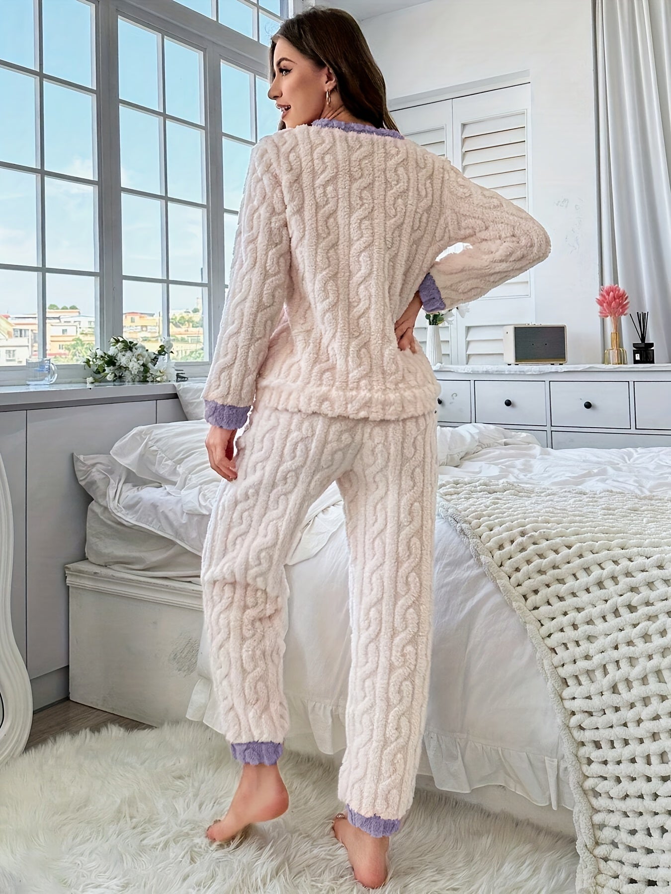 Aurelia | Dames Sterpatroon Jacquard Fleece Pyjama Set - Zachte Casual Lange Mouwen Top & Broek, Gezellige Relaxed Fit, Comfortabele Lounge Wear