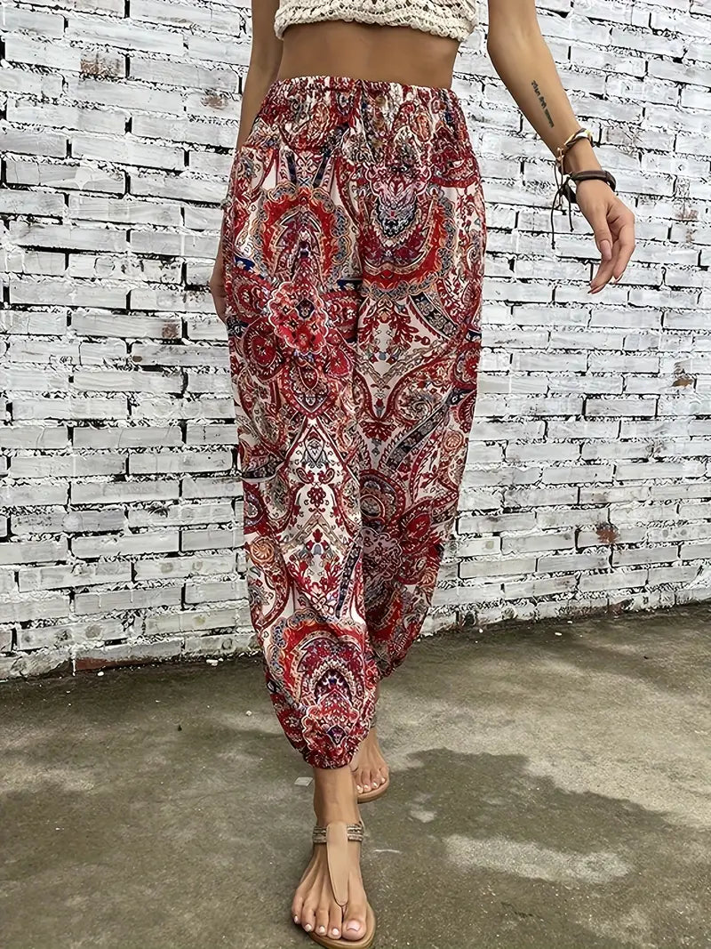 Boho-chique broek met gesmokte taille en etnische grafische print