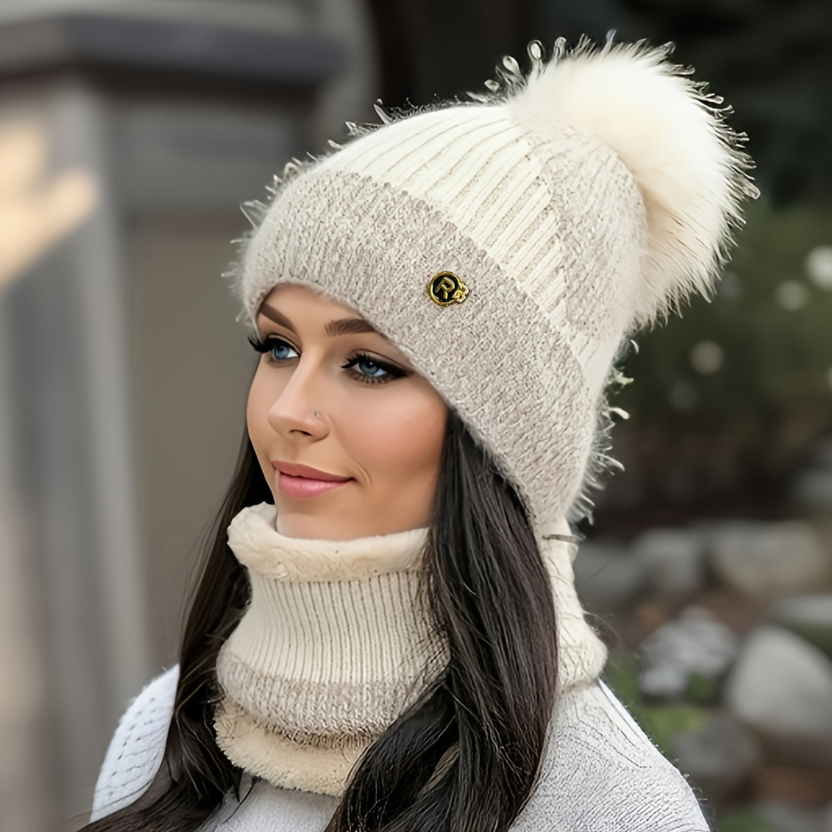 SoftWrap | Vrouwen Winter Knit Muts en Sjaal Set - Pom-Pom Beanie met fleece gevoerde nekwarmer