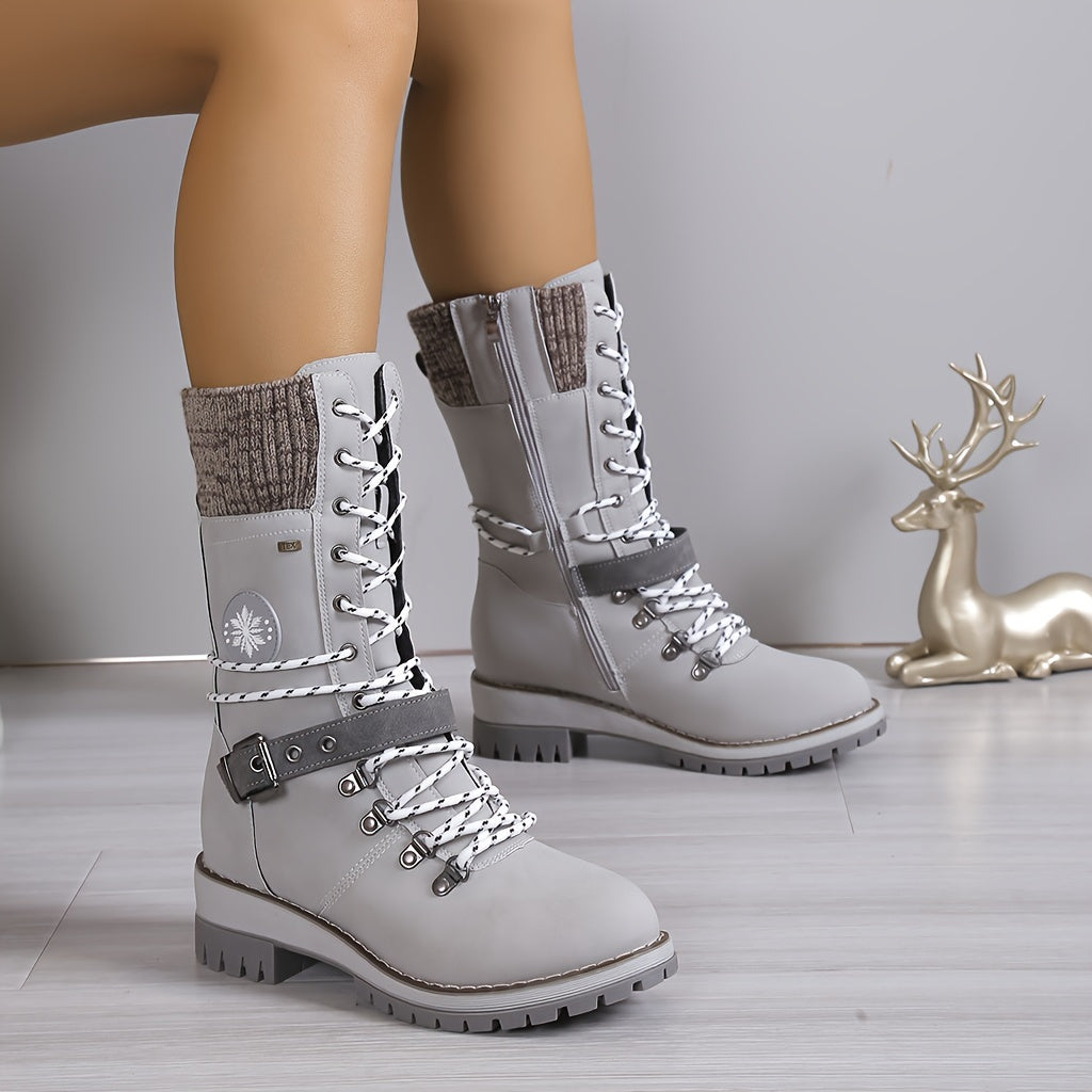 CozyStride | Thermische mid-calf dameslaarzen - Gebreide split met kant & zijrits Modieuze Outdoor Laarzen